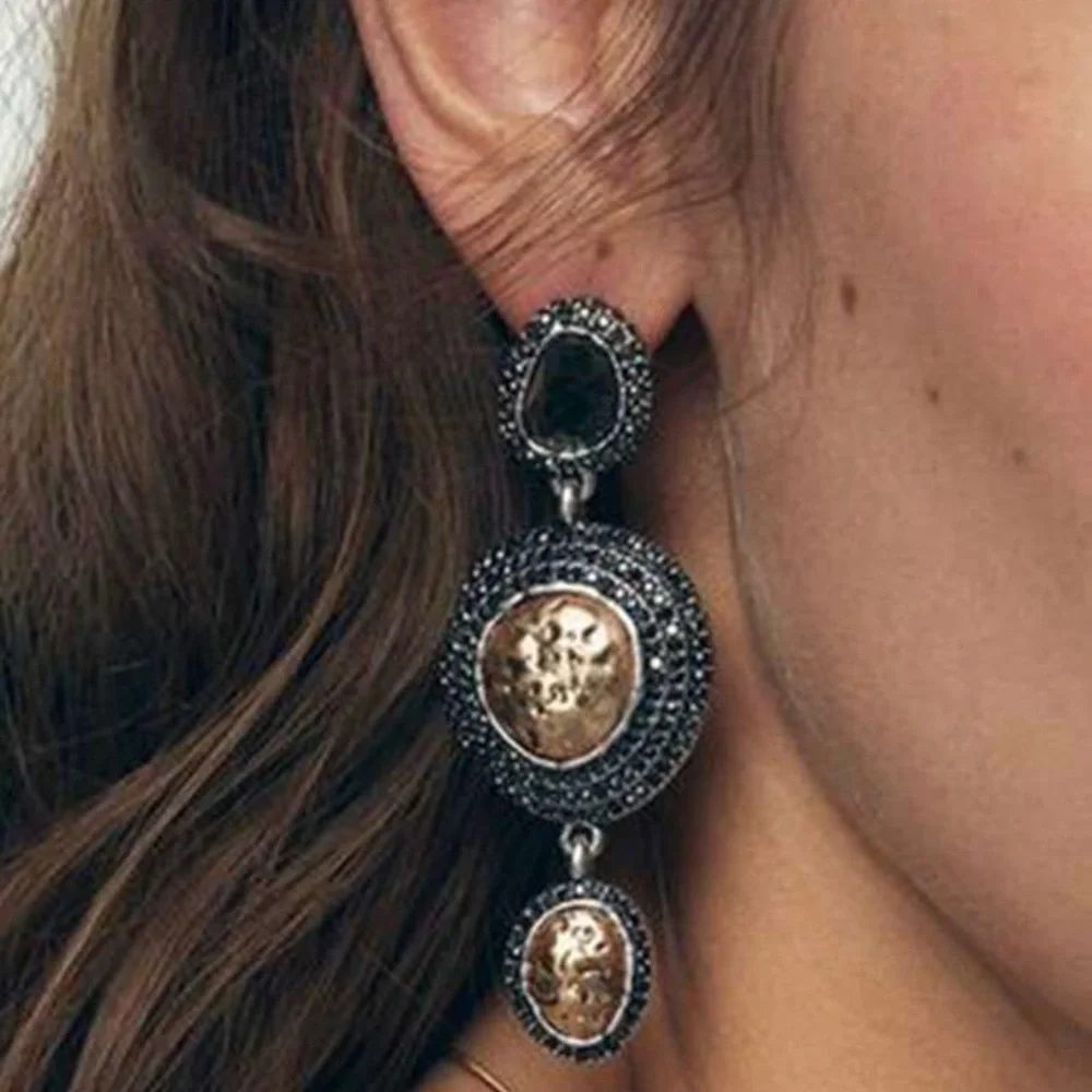 2/$30🌵 Antiqued Silver & Gold Neutral Stone Earrings Hammered Bohemian Gift NEW